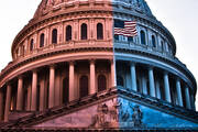 Capitol building in red and blue