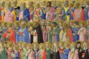 saints are pictured in an altarpiece, they have gold halos and many colored robes