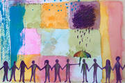 on a colorful background, stick figure people hold hands, and one holds an umbrella above a person who has a dark cloud over them, signifying mental health aid