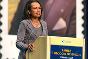 Condoleezza Rice addresses a Sept. 1 ceremony at the University of Notre Dame where a new postage stamp honoring Father Theodore Hesburgh was issued (CNS photo/courtesy Barbara Johnston, University of Notre Dame).