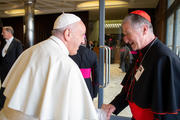  10.17.2018 Pope Francis greets Cardinal Blase J. Cupich of Chicago before a session of the Synod of Bishops on young people, the faith and vocational discernment at the Vatican Oct. 16. (CNS photo/Vatican Media)