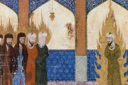 Medieval Persian manuscript depicting Muhammad leading Abraham, Moses and Jesus in prayer.