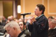 CANONICAL QUESTION. Barbara Anne Cusack, chancellor of the Archdiocese of Milwaukee, asks a question about marriage on oct. 16 during the 76th annual Canon Law Society of America convention in St. Louis.