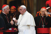 FINAL WORDS. Pope Francis talks with Italian Cardinal Giuseppe Versaldi as they leave the synod’s concluding session on Oct. 18. At right is Italian Cardinal Lorenzo Baldisseri, general secretary of the Synod of Bishops.