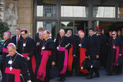 SYNODAL STROLL. Cardinals and bishops leave the Oct. 9 morning session at the Vatican.