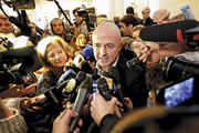 FULL PRESS. Italian journalist Gianluigi Nuzzi is surrounded by the media after a news conference for his new book Merchants in the Temple on Nov. 4. 