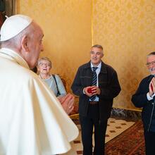 Pope Francis meets Father Maccalli, right, and members of his delegation at the Vatican on Nov. 9. (CNS photo/Vatican Media)