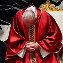 Pope Francis prays as he leads the Good Friday Liturgy of the Lord's Passion April 2, at the Altar of the Chair in St. Peter's Basilica at the Vatican. (CNS photo/Andreas Solaro, pool via Reuters)