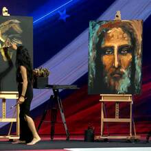 An artist displays an image of former president Donald Trump and an image of the face of Christ at the Conservative Political Action Conference's annual Ronald Reagan Dinner on Feb. 23, 2024. (OSV News photo/screen grab CPAC)