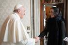 Pope Francis meets with Beatriz Gutiérrez Müller, wife of Mexican President Andrés Manuel López Obrador, during a private audience at the Vatican Oct. 10, 2020. The president's wife delivered a letter from the president asking Pope Francis to apologize for the church's role in the Spanish colonization of the Americas. (CNS photo/Vatican Media)