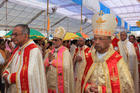 Clergy of the Syro-Malabar Catholic Church process at the start of Mass in a suburb of New Delhi Nov. 18 to mark the 50th anniversary of the church's first missionary venture. (CNS photo/Anto Akkara) (Nov. 19, 2012)