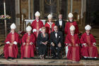 Archbishop Viganò seated next to then-Cardinal McCarrick, front row on left, along with other U.S. cardinals, Glory and Thomas Sullivan and John Garvey, at a fundraiser on May 10, 2013. (CNS photo/Edmund Pfueller, Catholic University of America)