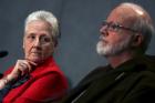 Irish abuse victim Marie Collins, the lone clerical abuse survivor nominated by Pope Francis to sit on the new Pontifical Commission for the Protection of Minors, looks at Boston Cardinal Sean P. O'Malley during their first briefing at the Holy See press office at the Vatican on May 3. (CNS photo/Alessandro Bianchi, Reuters)