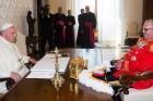 Pope Francis speaks with Fra' Matthew Festing, the 79th prince and grand master of the Sovereign Military Order of Malta, during a private audience at the Vatican June 20. (CNS photo/Claudio Peri, pool via Reuters) (June 23, 2014)