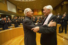 Jesuit Father Arturo Sosa, right, greets the previous superior general, Jesuit Father Adolfo Nicolas, after his election in Rome Oct. 14, 2016. (CNS photo/Don Doll, S.J.)