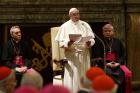 Pope Francis speaks during an audience to exchange Christmas greetings with members of the Roman Curia in Clementine Hall of the Apostolic Palace at the Vatican Dec. 22. (CNS photo/Paul Haring)