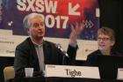 Irish Bishop Paul Tighe, adjunct secretary of the Pontifical Council for Culture, speaks on March 10 during the South by Southwest Festival in Austin, Texas. At right is Helen Osman, a communication adviser. (CNS photo/Matt Palmer)