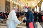 Pope Francis greets Cardinal Beniamino Stella, prefect of the Congregation for Clergy, during an audience with participants in the plenary assembly of the Congregation for Clergy at the Vatican June 1. (CNS photo/L'Osservatore Romano)