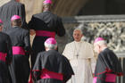 Pope Francis prepares to greet bishops during his general audience in St. Peter's Square at the Vatican Oct. 4. (CNS photo/Paul Haring)