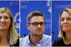 A combination photo shows members of the International Campaign to Abolish Nuclear Weapons in Geneva on Oct. 6. The group won the 2017 Nobel Peace Prize. Pictured from left to right are Beatrice Fihn, executive director; Daniel Hogsta, coordinator; and Grethe Ostern, a member of the organization's steering committee. (CNS photo/Denis Balibouse, Reuters)