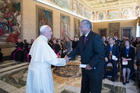 Pope Francis greets Ivan Abrahams, general secretary of the World Methodist Council, during an audience at the Vatican Oct. 19. Members of the World Methodist Council were in Rome to commemorate the 50th anniversary of the formation of the Joint International Methodist-Catholic Dialogue Commission. (CNS photo/L'Osservatore Romano)