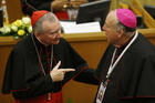 Cardinal Pietro Parolin, Vatican secretary of state, talks with Bishop Robert W. McElroy of San Diego during a conference on building a world free of nuclear weapons, at the Vatican Nov. 10. (CNS photo/Paul Haring)