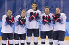 Cayla Barnes, Emily Pfalzer, Megan Keller, Kali Flanagan and Haley Skarupa, members of the U.S. woman's hockey team, pose for a Feb. 6 photo in Pyeongchang, South Korea. All are either graduates of or students at Boston College. (CNS photo/Jeff Cable, USA Hockey)