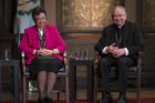 Sister Teresa Maya, a member of the Sisters of Charity of the Incarnate Word and president of the Leadership Conference of Women Religious, and Los Angeles Archbishop Jose H. Gomez, vice president of the U.S. Conference of Catholic Bishops, speak at the "Overcoming Polarization" conference at Georgetown University in Washington. (CNS photo/Tyler Orsburn) 