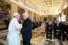 Pope Francis embraces Father Arturo Sosa Abascal, superior general of the Society of Jesus, during a meeting with editors and staff of the Jesuit-run magazine, La Civilta Cattolica, at the Vatican Feb. 9, 2017. (CNS photo/L'Osservatore Romano, handout)