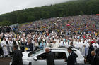 Pope Francis greets the crowd before celebrating Mass at the Marian shrine of Sumuleu Ciuc in Miercurea Ciuc, Romania, June 1, 2019. (CNS photo/Paul Haring)