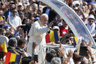 Pope Francis greets the crowd before celebrating a Divine Liturgy and the beatification of seven martyred bishops of the Eastern-rite Romanian Catholic Church at Liberty Field in Blaj, Romania, June 2, 2019. (CNS photo/Paul Haring)