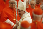 Pope Francis leaves in procession after a consistory for the creation of 13 new cardinals in St. Peter's Basilica at the Vatican on Oct. 5. (CNS photo/Paul Haring)