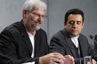 Bishop Evaristo Pascoal Spengler of Marajo, Brazil, speaks during a news conference after a session of the Synod of Bishops for the Amazon at the Vatican Oct. 25, 2019. Also pictured is Bishop Joaquin Pinzon Guiza of PuertoLeguizamo, Colombia. (CNS photo/Paul Haring) 