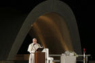 Pope Francis speaks during a meeting for peace at the Hiroshima Peace Memorial in Hiroshima, Japan, Nov. 24, 2019. 