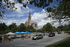 Catholic Charities staff and volunteers in the Archdiocese of Washington distribute 500 grocery boxes and 500 family meals in the parking lot of the Basilica of the National Shrine of the Immaculate Conception July 10, 2020, during the coronavirus pandemic. (CNS photo/Tyler Orsburn)