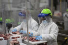 Workers inside a Sioux Falls, South Dakota, pork processing plant wear protective gear and are separated by plastic partitions as they carve up meat. (Photo courtesy Smithfield Foods via AP)