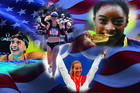 From left: Swimmer Katie Ledecky (Rob Schumacher, USA TODAY Sports via Reuters); long-distance runner Molly Seidel (Kirby Lee-USA TODAY Sports via Reuters); Mariel Zagunis (Alessandro Bianchi, Reuters) and gymnast Simone Biles (Dylan Martinez, Reuters). Illustration by America staff.