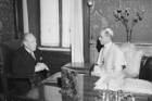 President Truman's envoy to the Vatican, Myron C. Taylor, left, has an audience with Pope Pius XII at Castelgandolfo near Rome, on Aug. 26, 1947. (AP Photo/Luigi Felici, File)