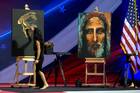 An artist displays an image of former president Donald Trump and an image of the face of Christ at the Conservative Political Action Conference's annual Ronald Reagan Dinner on Feb. 23, 2024. (OSV News photo/screen grab CPAC)