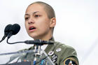 Emma Gonzalez, a survivor of the mass shooting at Marjory Stoneman Douglas High School in Parkland, Fla., speaks at the "March for Our Lives" rally in support of gun control in Washington on March 24. (AP Photo/Andrew Harnik File)