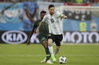 Argentina's Lionel Messi, front competes for the ball during the match between Argentina and Nigeria at the 2018 soccer World Cup in the St. Petersburg Stadium in St. Petersburg, Russia, on June 26. (AP Photo/Dmitri Lovetsky)