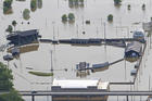 The site of Clemens Field baseball stadium in Hannibal, Mo., near the Mississippi River, on May 31.  (Jake Shane/Quincy Herald-Whig via AP)