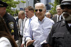 Former vice president and Democratic presidential candidate Joe Biden walks with Boston Mayor Marty Walsh, left, on Wednesday, June 5, 2019, in downtown Boston. (AP Photo/Steven Senne)