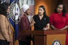 From left, Rep. Rashida Tlaib, D-Mich., Rep. Ilhan Omar, D-Minn., Rep. Alexandria Ocasio-Cortez, D-N.Y., and Rep. Ayanna Pressley, D-Mass., respond to remarks by President Donald Trump after his call for the four Democratic congresswomen to go back to their "broken" countries, during a news conference at the Capitol in Washington, Monday, July 15, 2019. All are American citizens and three of the four were born in the U.S. 