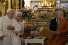 Pope Francis, left, and his cousin, Sister Ana Rosa Sivori visit the Supreme Buddhist Patriarch at Was Ratchabophit Sathit Maha Simaram Temple, Thursday, Nov. 21, 2019, in Bangkok, Thailand.