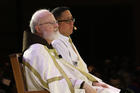 Boston Cardinal Sean P. O'Malley and Deacon Bernie Nojadera, executive director of the U.S. bishops' Secretariat for Child and Youth Protection, are pictured during the 2017 Catholic convocation in Orlando, Fla.  (CNS photo/Bob Roller)