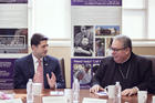 House Speaker Paul Ryan, R-Wis., visits with Bishop Michael F. Olson of Fort Worth, Texas, at Catholic Charities Fort Worth campus, April 3 (CNS photo/Juan Guajardo, North Texas Catholic Magazine).