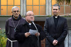  Auxiliary Bishop Jorge Concha Cayuqueo, the apostolic administrator for the Diocese of Osorno, Chile, and Archbishop Charles Sciclunaand Father Jordi Bertomeu Farnos, Vatican envoys, are pictured in Osorno, Chile, June 17. (CNS photo/courtesy Archdiocese of Santiago) 