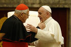 Pope Francis greets Cardinal Angelo Sodano, now dean emeritus of the College of Cardinals, during his annual audience to give Christmas greetings to members of the Roman Curia at the Vatican Dec. 21, 2019. (CNS photo/Paul Haring)