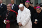 Pope Francis prays during a prayer service at a statue of Mary near the Spanish Steps in Rome Dec. 8. (CNS photo/Paul Haring) 